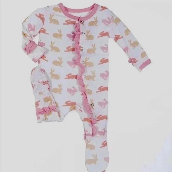 KicKee Pants Bamboo Footie Snaps One Piece Pajamas Bunny Rabbits Ruffle Easter - Picture 1 of 6